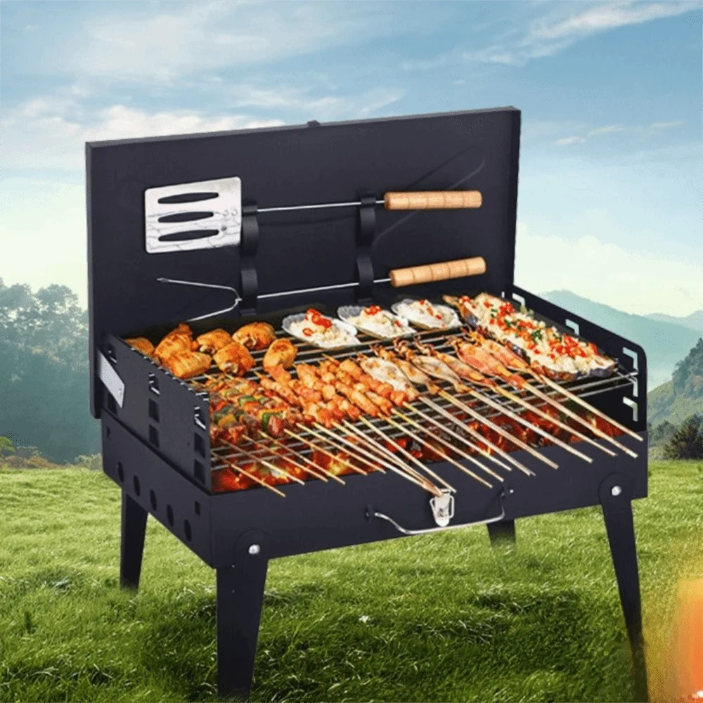 

Folding Portable Barbecue Charcoal Grill Handle Design Space-saving Outdoor Barbecue Grill Thickened Metal Black Barbecue Stand