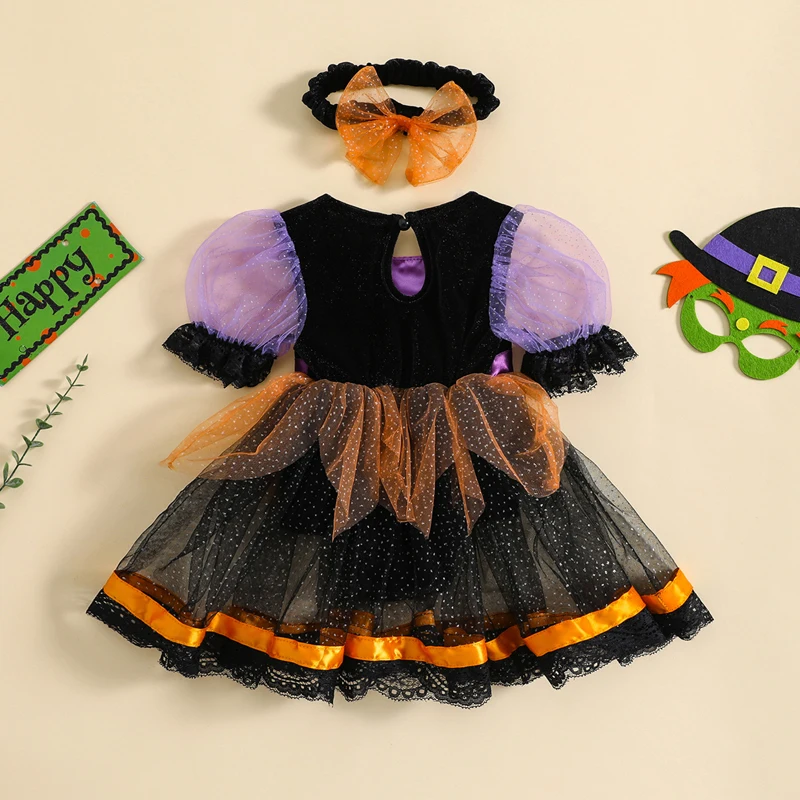 Newborn Baby Girl Halloween Witch Costume Outfit Puff Sleeve Tulle Patchwork Romper Dress with Headband Halloween Clothes