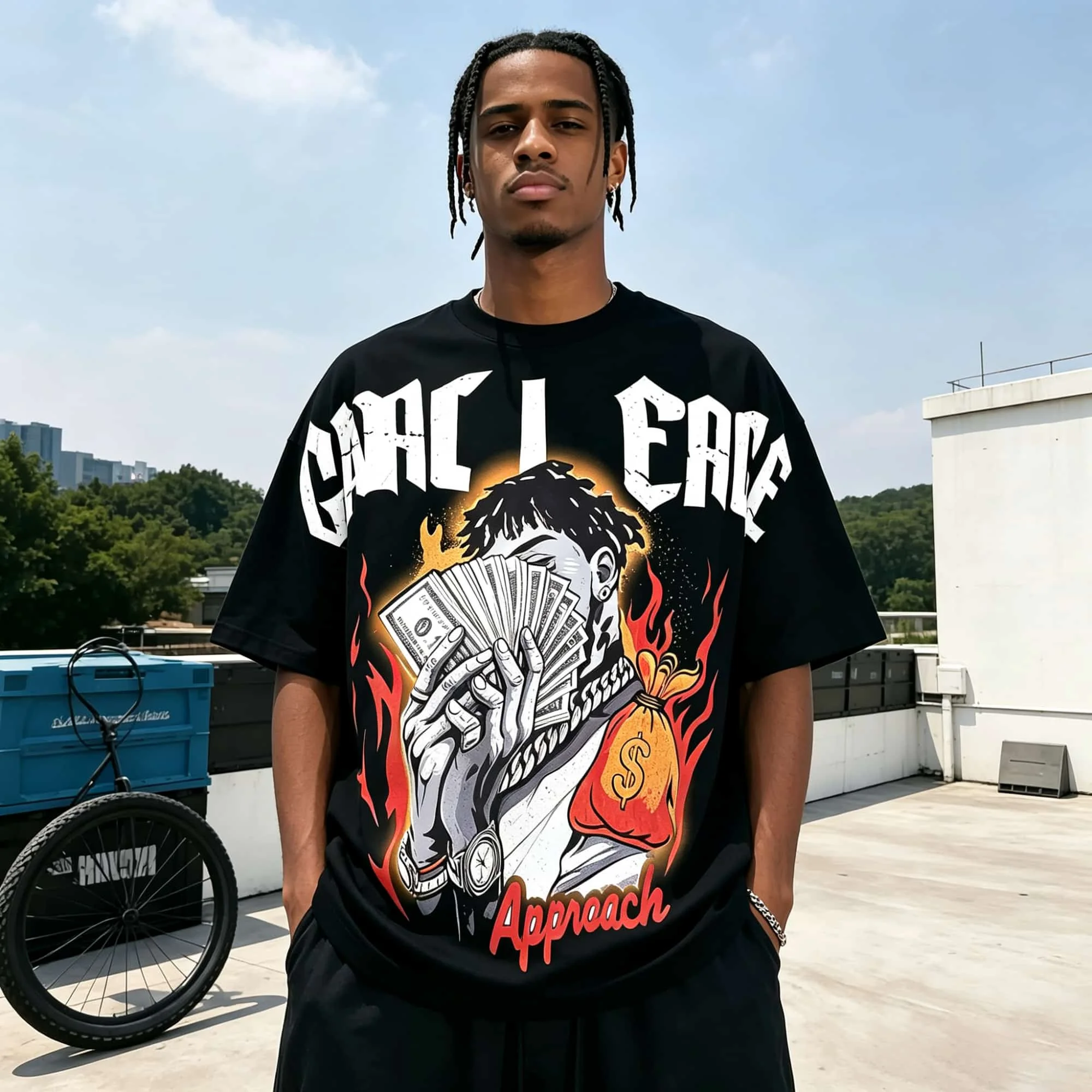 Retro Hip Hop Rapper Flame Graphic Men Oversized Short Sleeve Tee Loose Soft Tops  Fashion Men Shirts