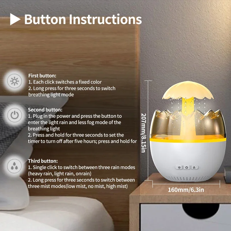 7 cores mudando luzes noturnas chuva nuvem umidificador gotejamento de água, chovendo nuvem luz noturna com chuva