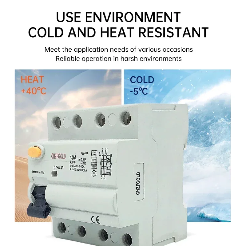 CHZFGOLD CZK1-4P TYPEB RCD RCCB Din Rail Earth Leakage Current Breaker DC 4Pole 40A 63A 30mA 100mA 300mA 6KA Diret Current (6mA)