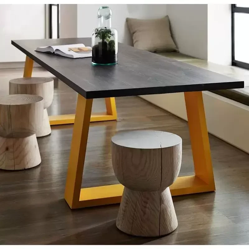 Wrought Iron & Solid Wood Dining Table – Retro Rectangular Computer Desk, Large Long Conference Table for Home/Office