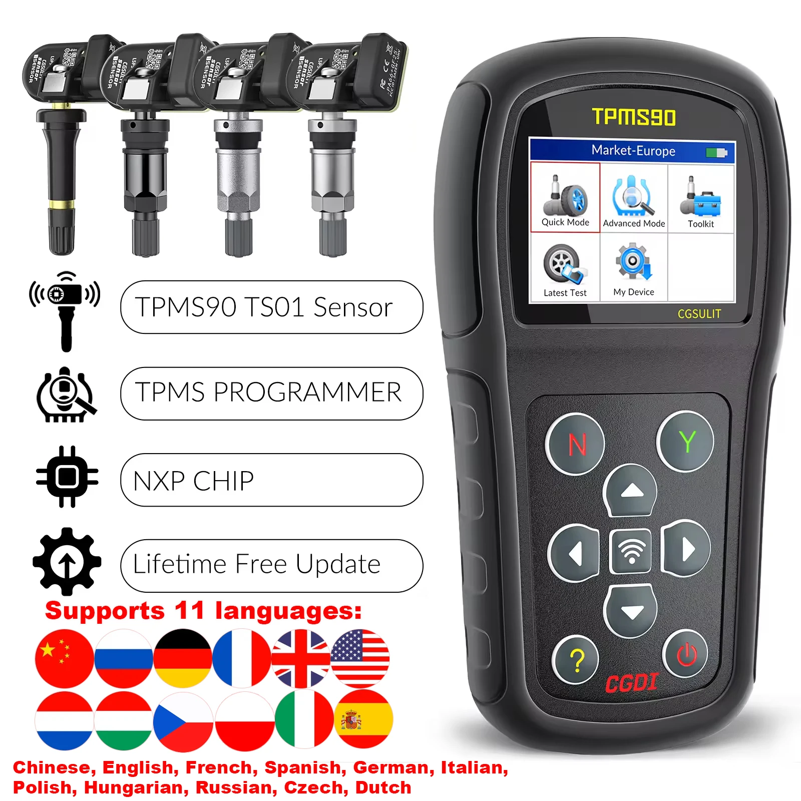 CGSULIT TPMS90 & CGSULIT TS01 Sensor TPMS Universal 315MHz/433MHz Alat Pemrogram Detektor Tekanan Ban Mobil Cocok untuk 98% Kendaraan