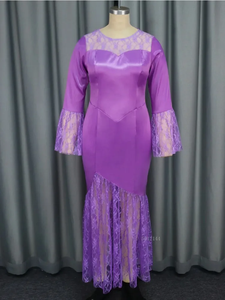 Light Purple Lace Dresses for Women O Neck Long Flare Sleeve Package Hip Classy Bodycon Evening Birthday Wedding Guest Outfits