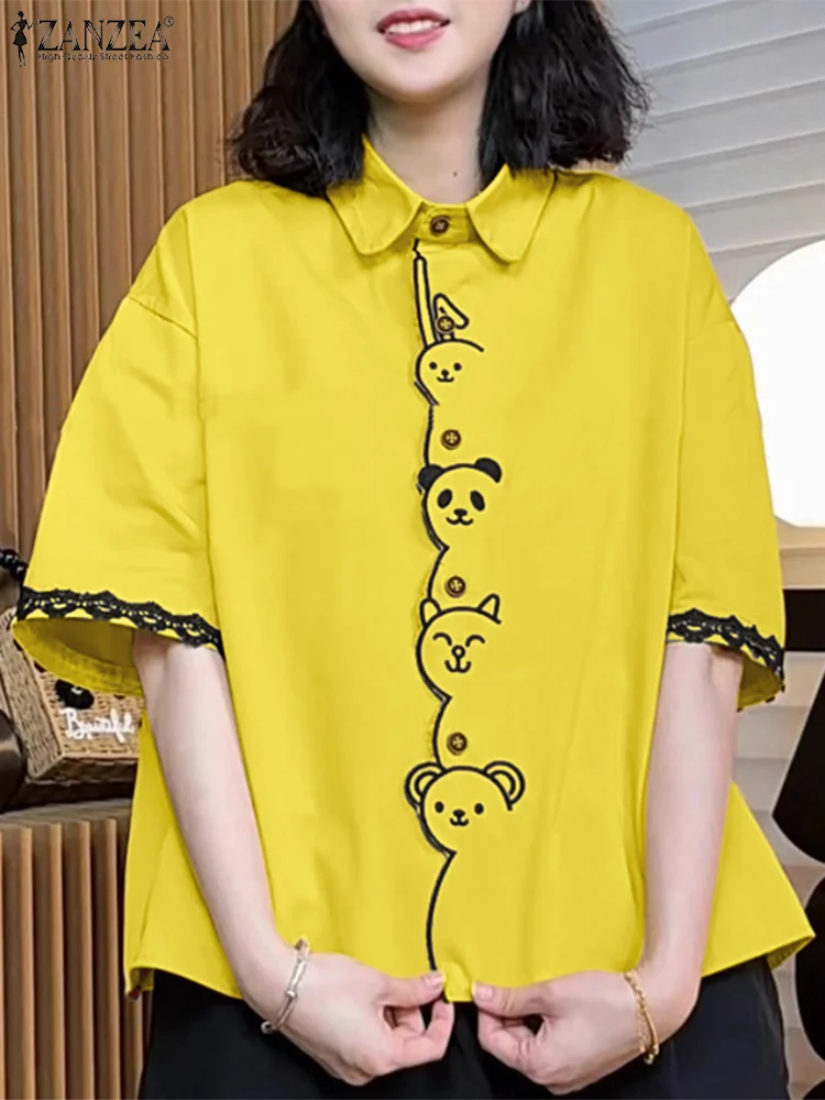 ZANZEA قمصان نسائية مطرزة برسوم كارتونية لصيف 2025 عادية بياقة مقلوبة دانتيل مرقعة نصف كم بأزرار حتى ملابس علوية يومية 3XL