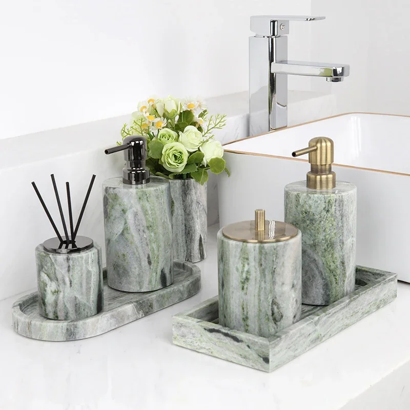 Marble Bathroom Accessories Set 5-Piece Countertop Organizer Soap Dish Cotton Jar Vanity Tray for Bathroom Home Hotel Spa