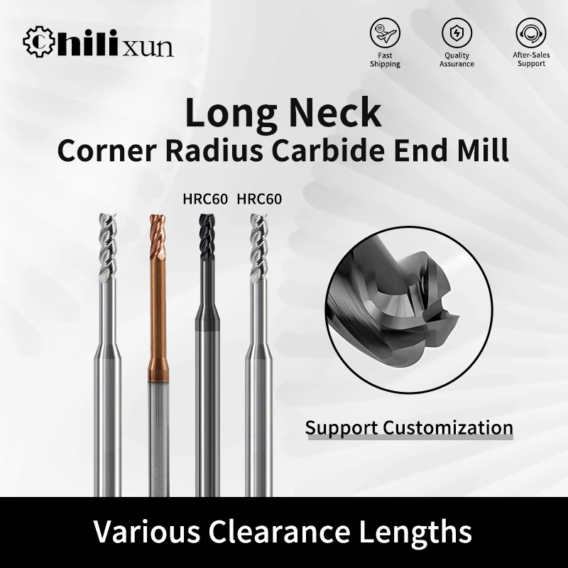 HILIXUN 1mm 2mm R0.2/R0.5 Long Neck Corner Radius End Mill CNC R Bullnose Cutter Tungsten Carbide Steel Metal Router