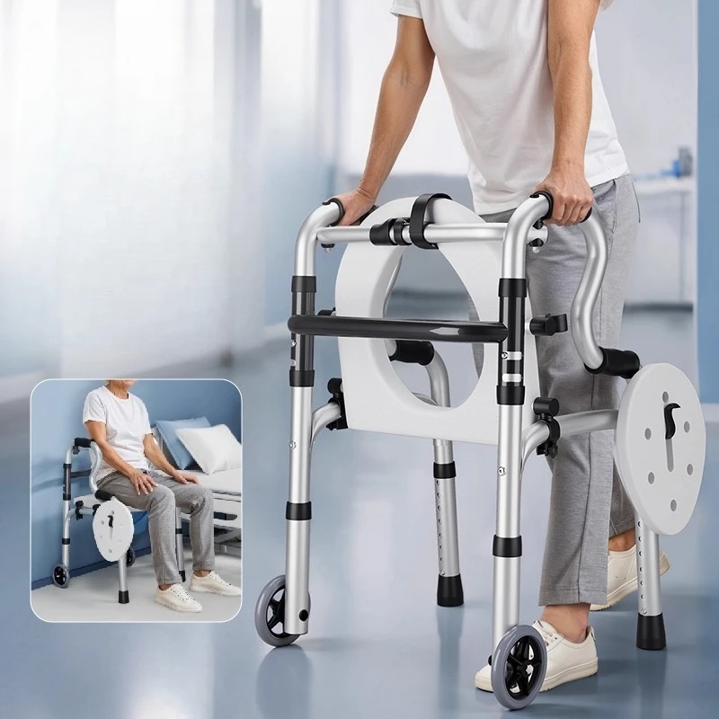 

Folding Rehabilitation Walkers with Wheels Adjustable Height, Walking Aids for Elderly Walking Sticks with Seat Bedside Commode