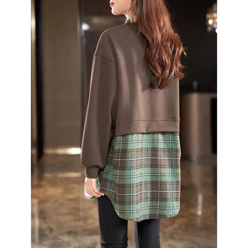 Fashion Lapel Spliced Fake Two Pieces Plaid Blouses Women\'s Clothing 2023 Autumn Winter Loose Casual Tops Asymmetrical Shirts