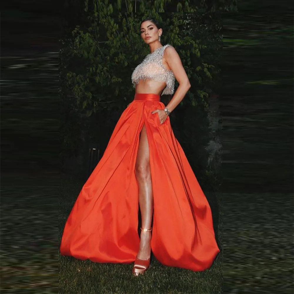 Orange High Slit Satin Skirts Elegant Lady Saias High Waist Girls Wedding Party Gowns Floor Length Women Puffy Skirts