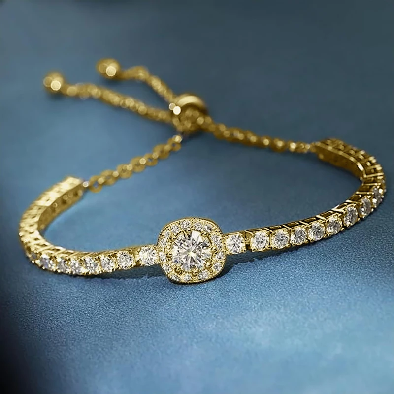 Lnngy 6,5 mm Moissanit-Halo-Armband für Damen, 14 Karat Gold gefüllt, einreihig, Zirkon, verstellbare Armbänder, Handschmuck, Geschenke – Detail 5