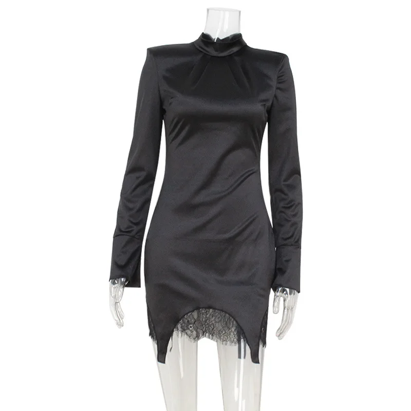 Lace Patchwork Elegant Satin Mini Dress Women Fashion Sexy Turtleneck Bow Tie Long Sleeve Slim Party Clubwear Casual Streetwear
