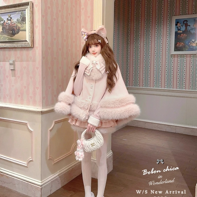 Sweet Princess Style Capes Winter New Japanese and Korean Fashion Women's Loose Plush Thickened Single-Breasted Jacket Ponchos