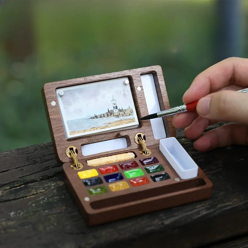 Mini Portable Walnut Wood Watercolor Empty Box 12 Grids Solid Paint Palette Travel Sketch Drawing Art Supplies