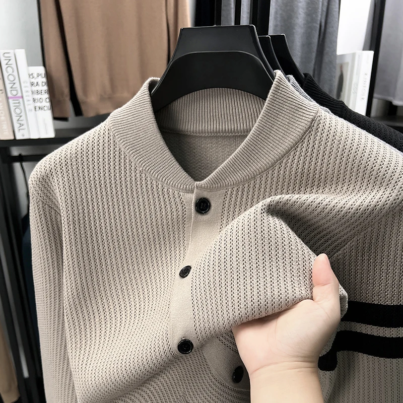 

High-End Brand Men's Striped Printed Sweater Jacket Autumn Winter Trend Stand Up Collar Thick Warm Soft Knitted Coat Men's Wear