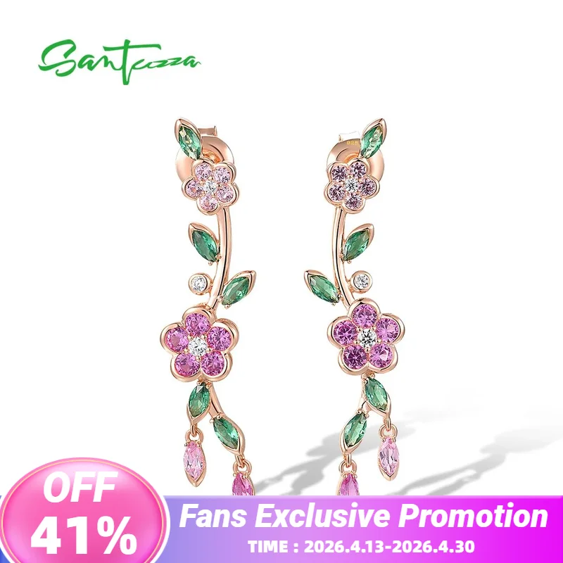 

SANTUZZA 100% 925 Sterling Silver Earrings For Women Sparkling Created Pink Sapphire Green Spinel Delicate Gift Fine Jewelry