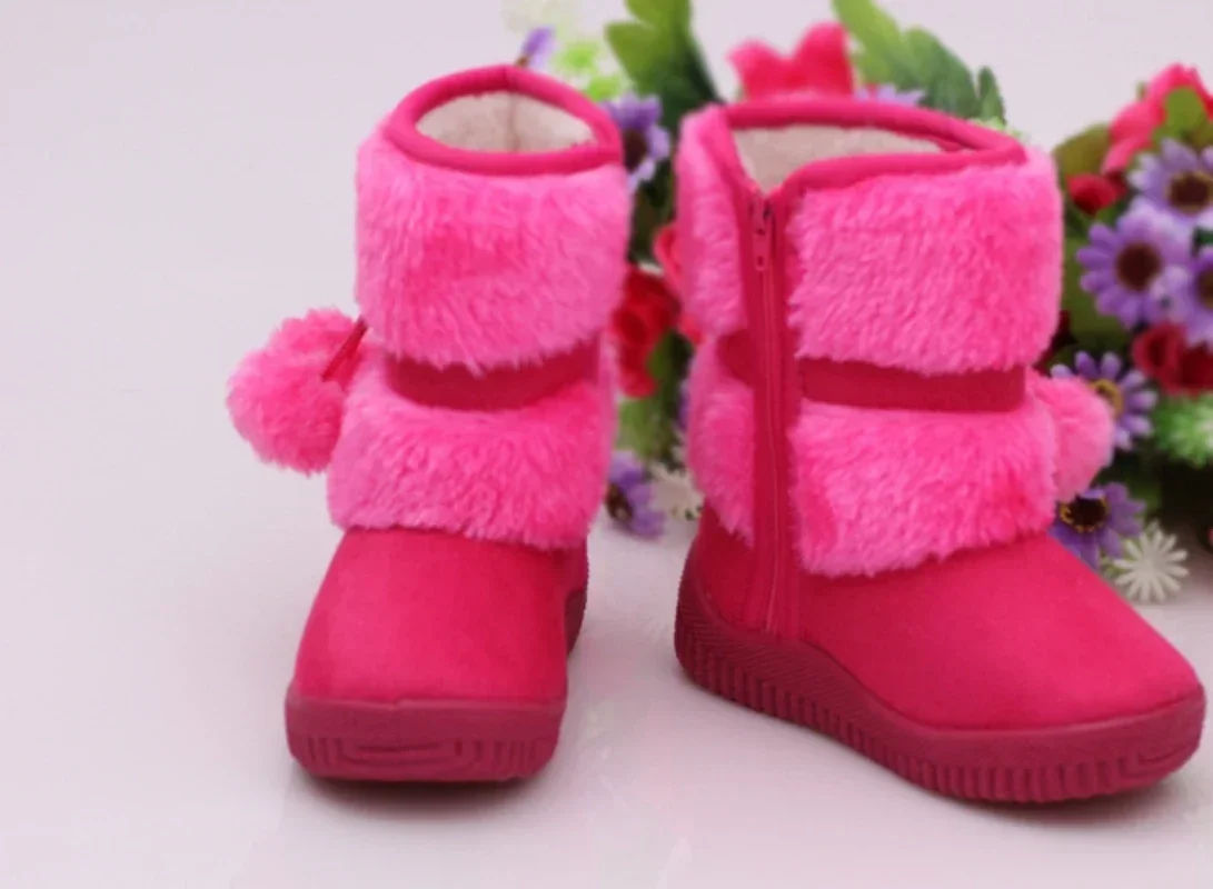 Winter Girls Snow Boots PU Leather Waterproof Thickened Plush Warm Cotton Shoes Non-slip Children\'s Outdoor Sneakers Hairball