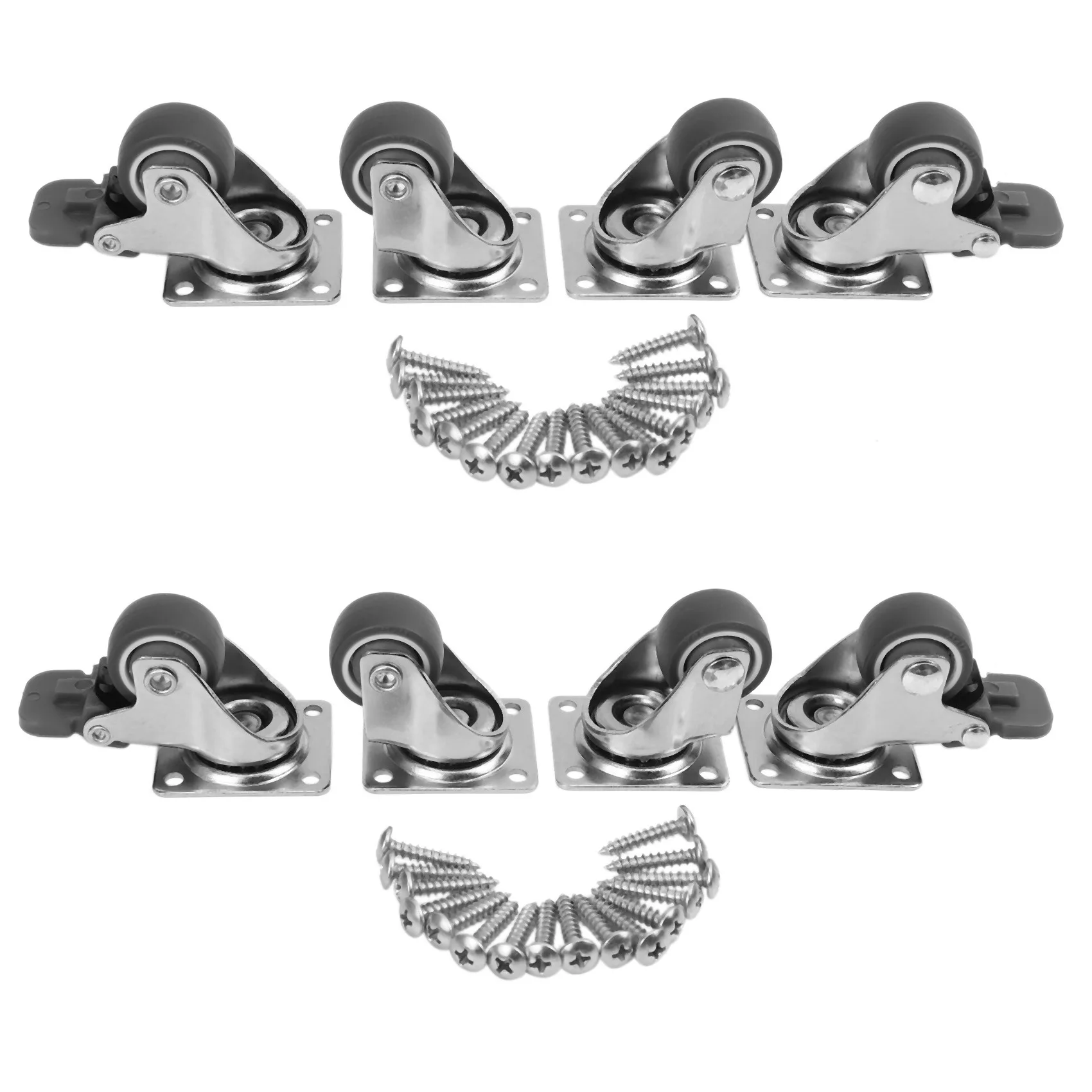 A19F-8 Pack 1 Inch Low Profile Casters Wheels Soft Rubber Swivel Caster (4 With Brakes & 4 Without)