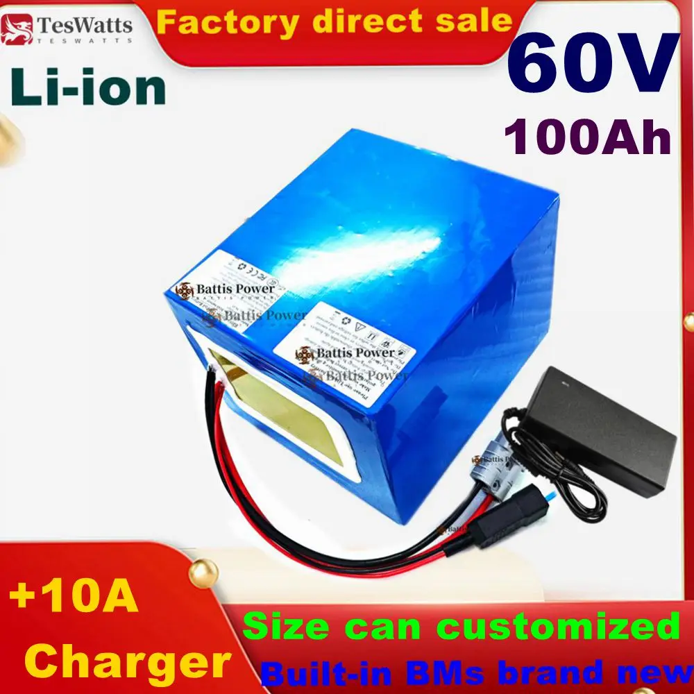 Batterie lithium-ion 60V, 100Ah, avec BMS, pour scooter 3500/6000W, AGV, chargeur 10A inclus.