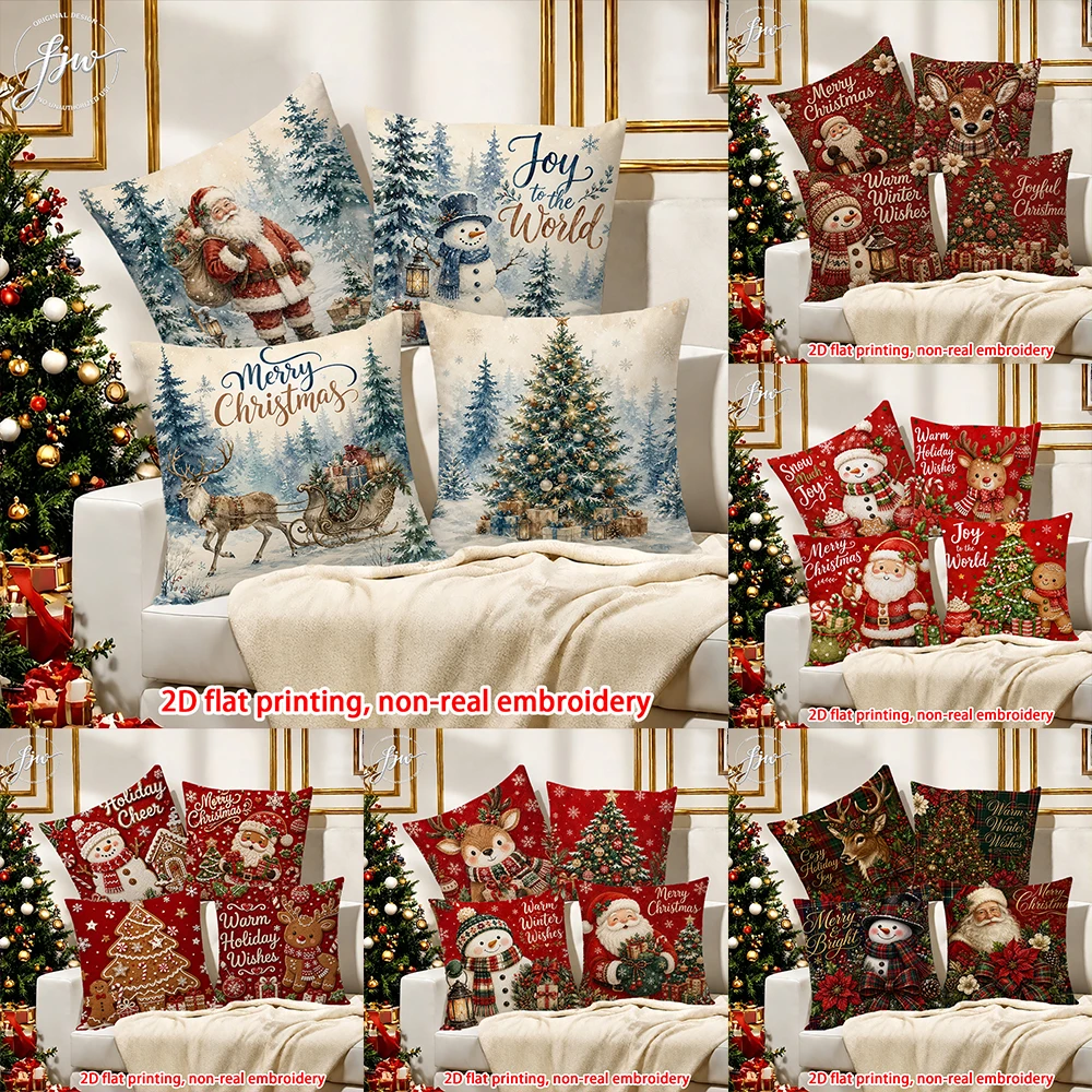 4pcs Christmas Throw Pillow Covers 4PCS Vintage Xmas Santa Snowman Reindeer Holiday Decorative Cushion Cases for Sofa Couch Bed