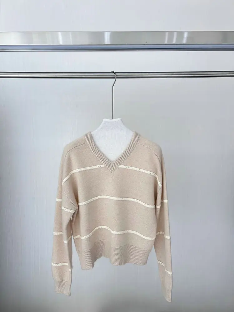 Autumn Winter B*C Women's Cashmere Sweater Striped V-Neck Long Sleeve Loose Ladies Knitted Pullover