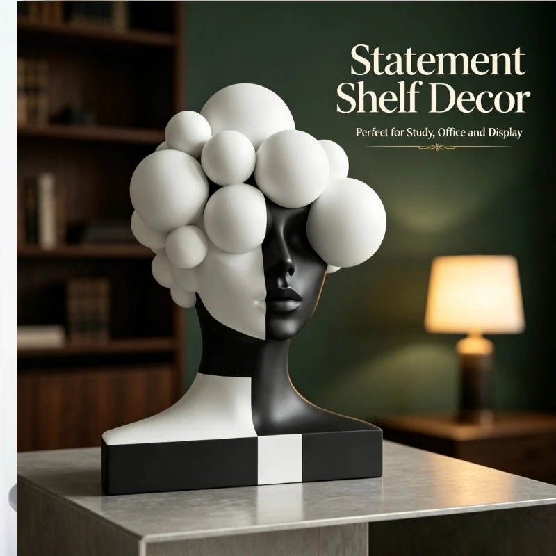 Modern Abstract Resin Sculpture – Black & White Geometric Face Figurine for Home Decor