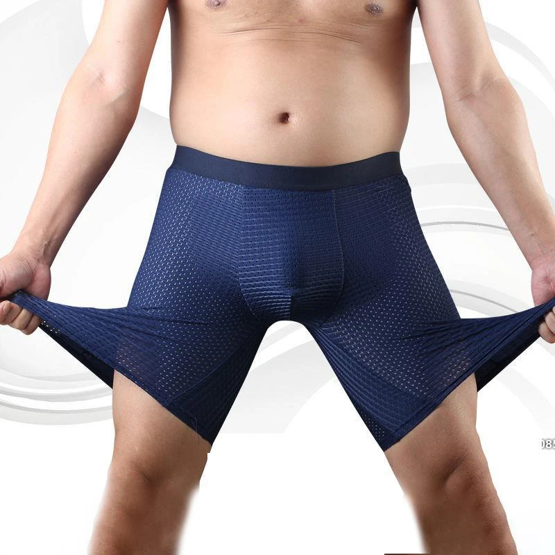 Men Plus Size Long Leg Boxer Shorts Panties Quick Dry Ice Silk Mens Underpants Cueca Mesh Holes Breathable Sexy Underwear Boxers