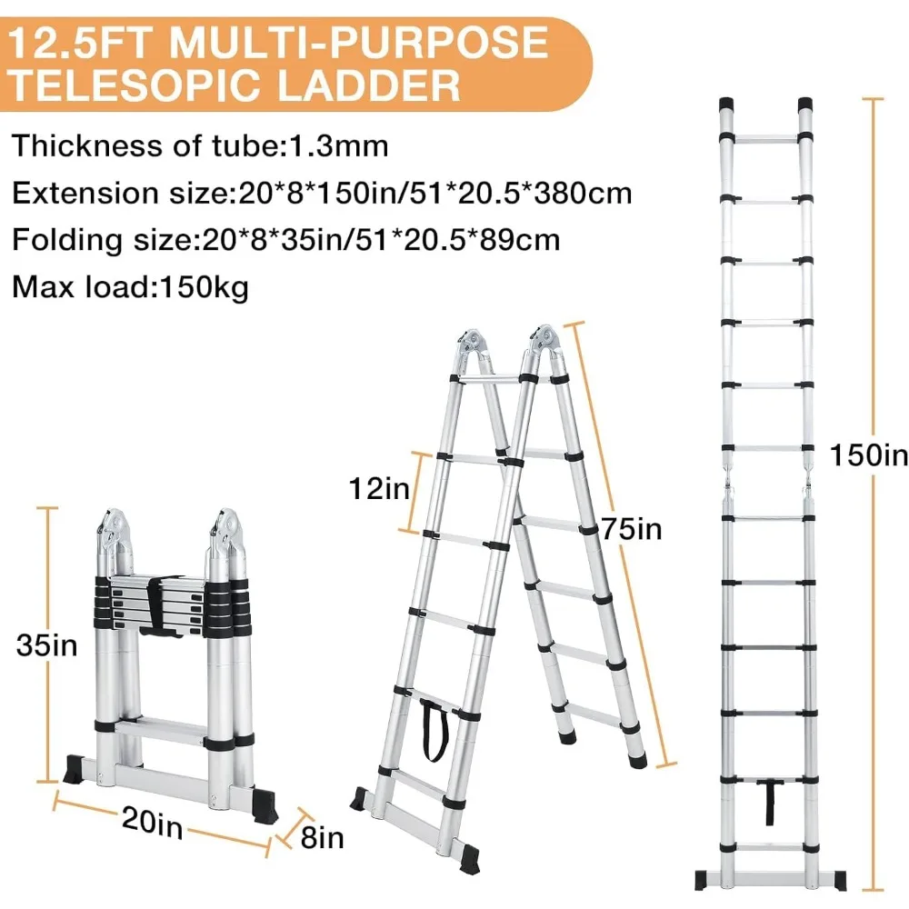 12.5 FT Telescopic Ladder, Aluminium Silver A Frame Telescoping Ladder, Portable Extension Ladder with Non-Slip Feet
