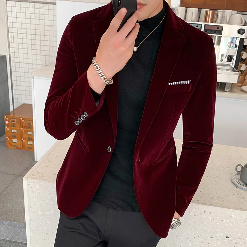 Burgundowa aksamitna marynarka męska 2022 moda casualowa marynarka męska ślub pan młody kostium piosenkarza wąska marynarka formalna suknia wieczorowa M-5XL