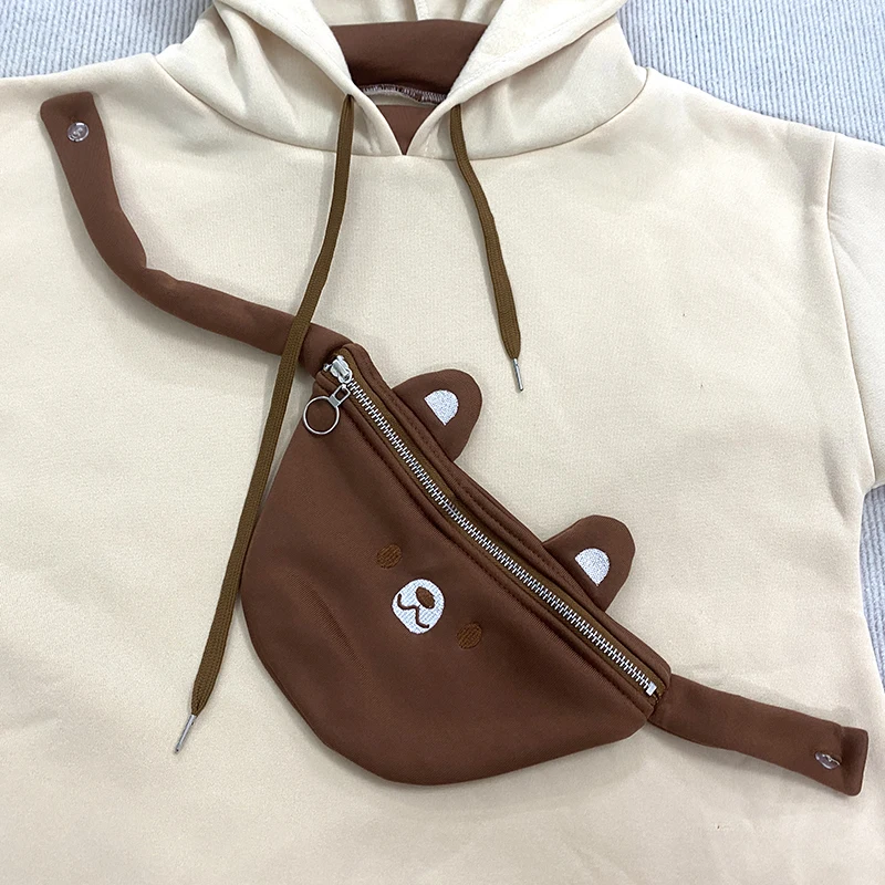 Autumn Kawaii Women Oversize Hooded Sweatshirt Cartoon Bear Removable Crossbody Bag Design Long Sleeve Loose Pullover Casual Top