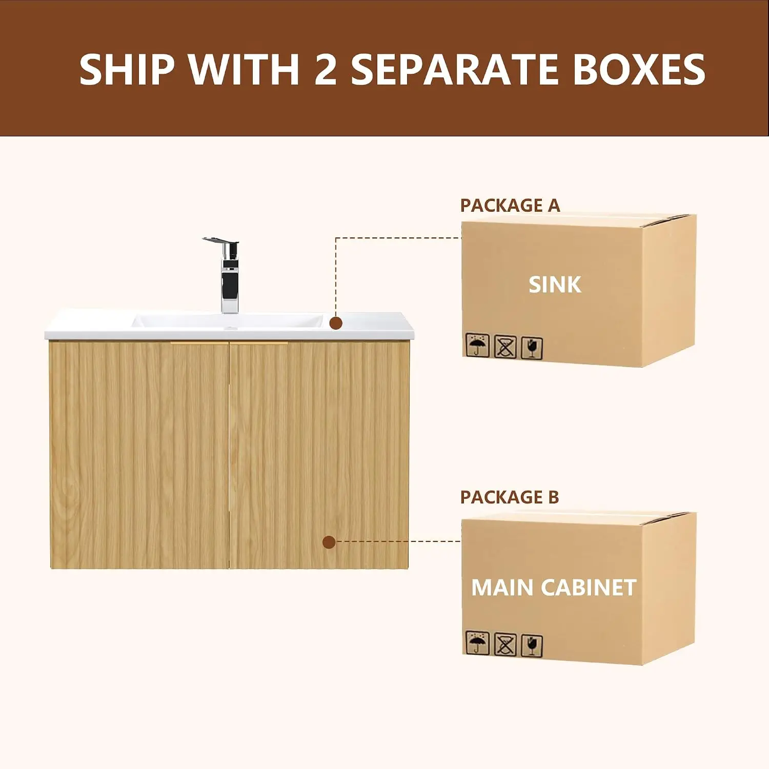 Modern Floating Bathroom Vanity With Wavy Textured Doors Wall Mounted Storage Cabinet Soft Close Hinges Ceramic Sink Basin Organizer For Home Restroom Nature view 6