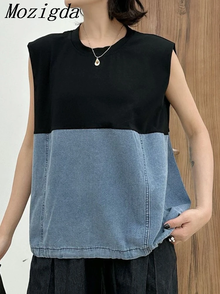 

Summer Sleeveless T-shirt women Casual Loose Vest Trendy Denim Patchwork Design Cotton Crew Neck Ladies Tops