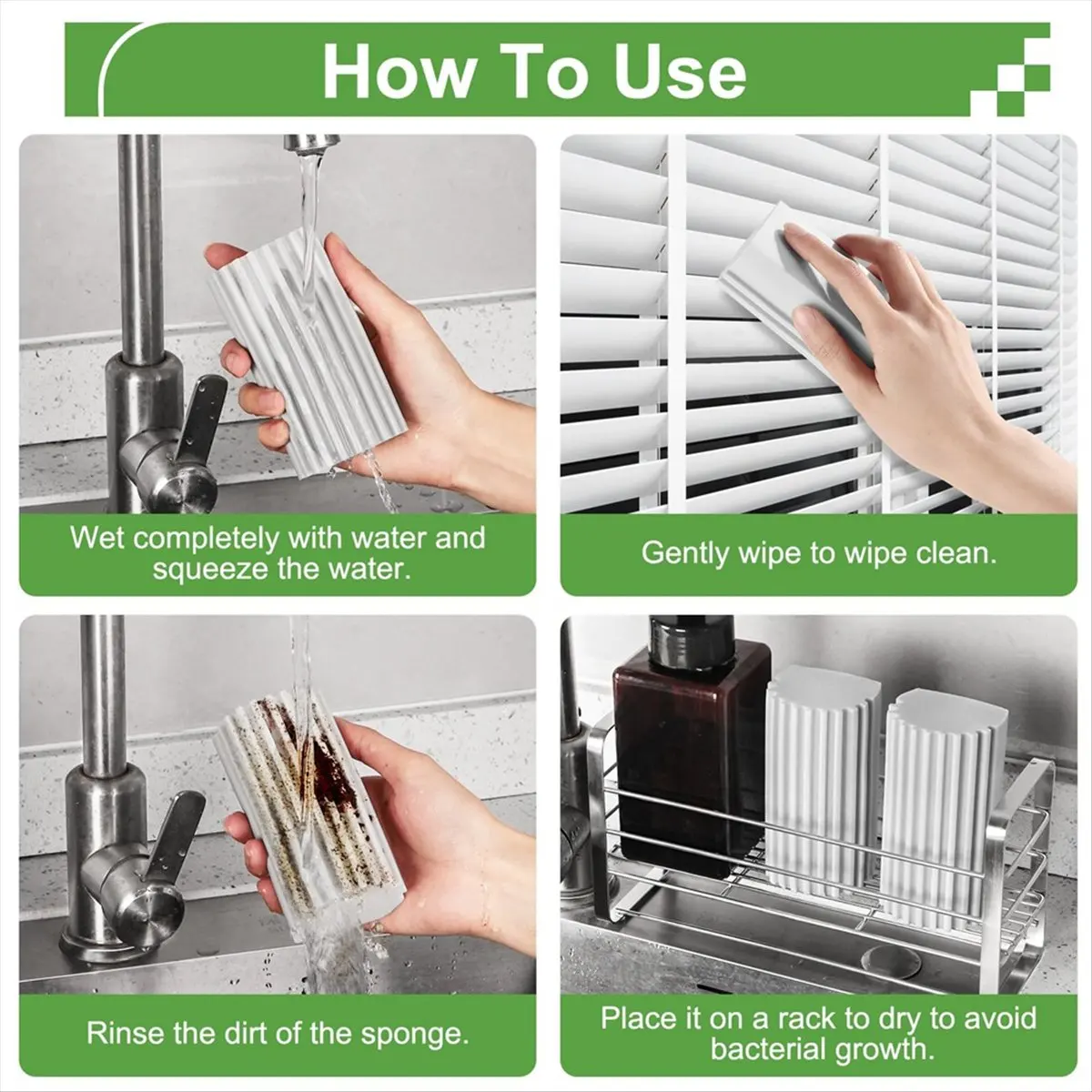 4-Pack Damp Clean Duster Sponge, Duster for Cleaning Blinds, Glass, Baseboards, Vents, Railings, Window Track Grooves