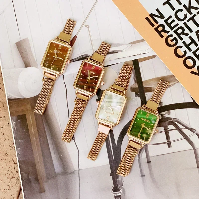 Relógios femininos moda praça senhoras relógio de quartzo pulseira magnética mostrador verde simples rosa ouro malha luxo relógios femininos