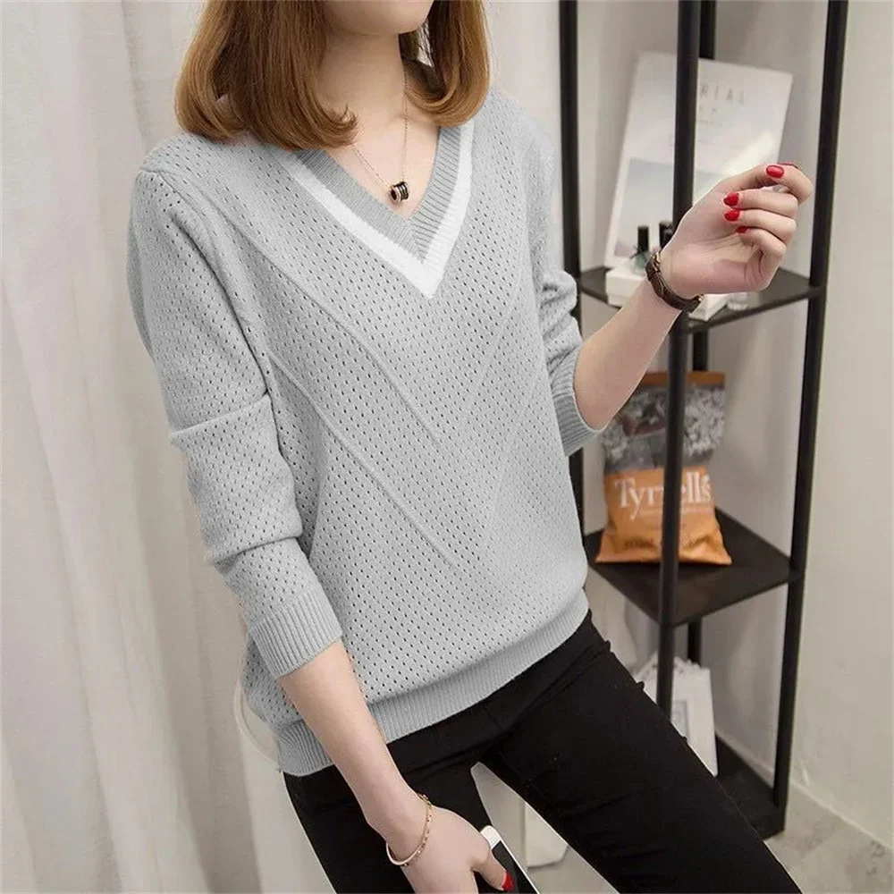 Core Yarn Spring And Autumn Knitwear Women Pullover Short Loose Large Size Sweater Thin Long Sleeve Bottom Hollow-out Shirt Top