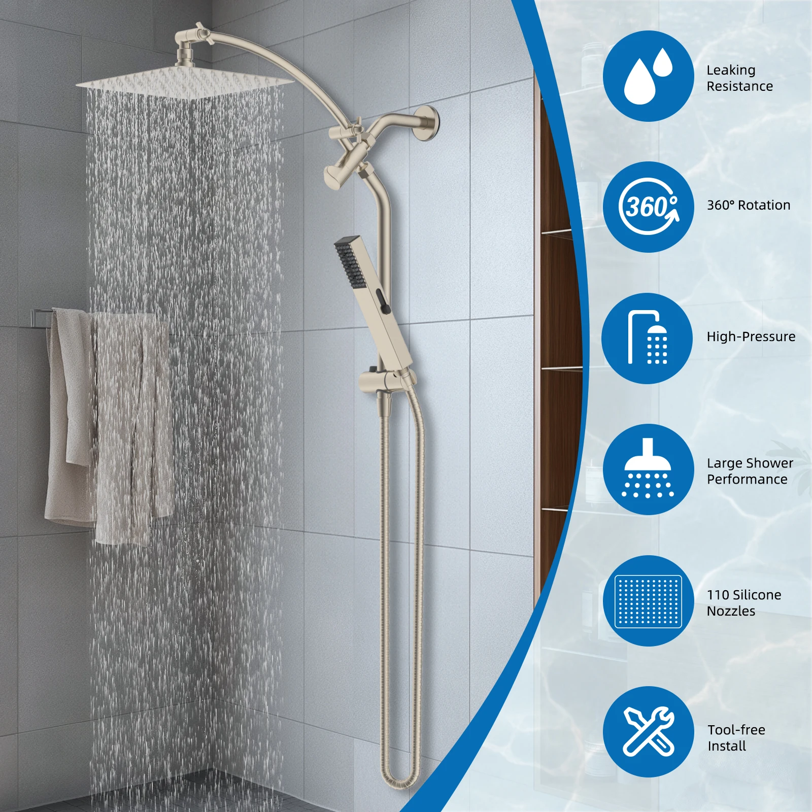 

Комбинированный дождевой душ высокого давления с ручным распылителем для легкого действия, направляющая из нержавеющей стали, матовый никель