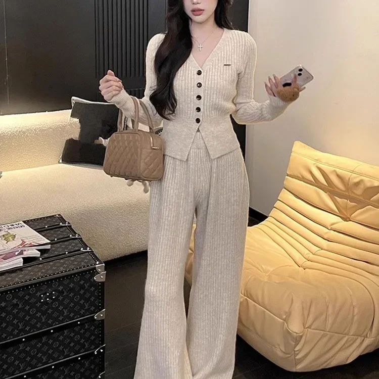 Korean Style Women's Knitted Cardigan Top+pants Set Spring Winter Elegant V-neck Cardigan+loose Wide Leg Pants Two-piece Set Y2k