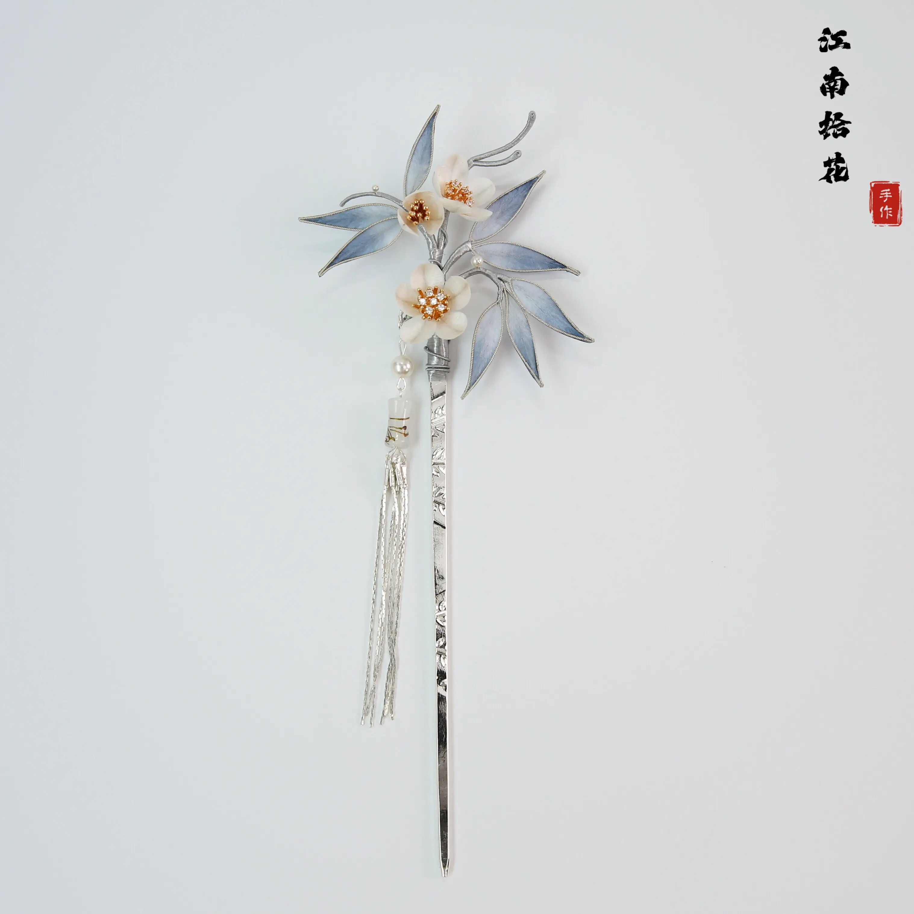 Intangible Heritage Handmade Ink‑Wash Filigree Velvet Hair Swing,Bamboo Plum Tassel Hairpin for Qipao