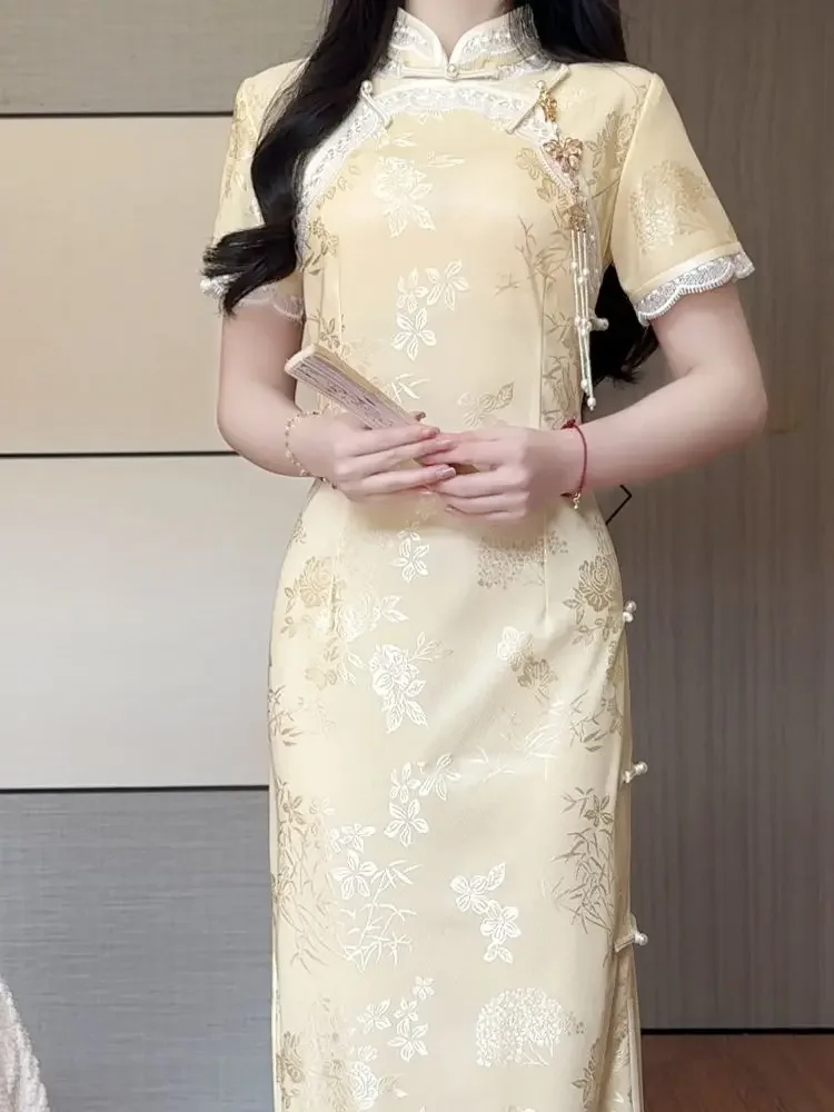 

Summer Yellow Women Cheongsam Dress Vintage 2025 Elegant Yooung Shorty Sleeve Dresses Chinese Style Costume Qipao S To XXL