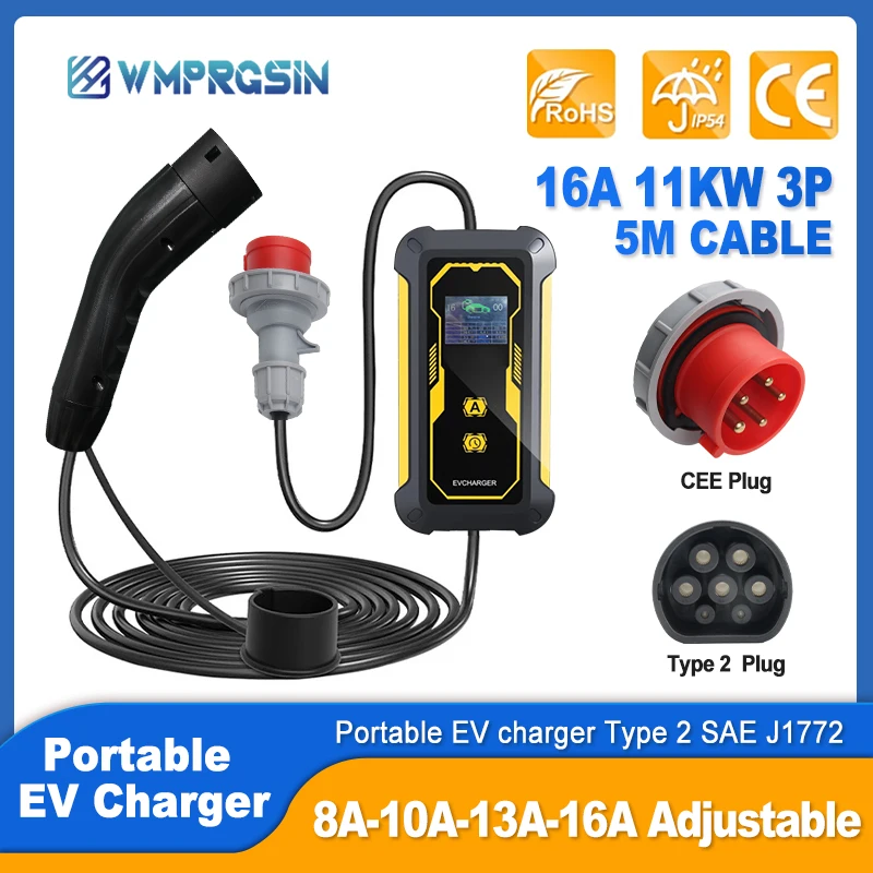 

Portable Electric Vehicle Charger 16A 3 Phase Charging Cable Type 2 IEC62196-2 11KW EU Plug Controller WallBox with CEE Red Plug