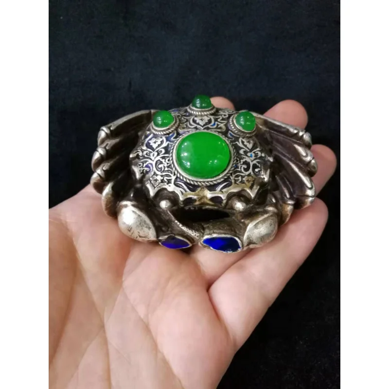 Old Silver Inlaid Emerald Beads Wealth Comes Every Ornaments Collected from Tibetan Areas