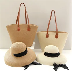 USPOP 2 Pieces Set Straw Sun Hats and  Tote Bag Large Brim Lace-up Straw Hat Women Summer French Foldable Beach L Sun Hat Bag