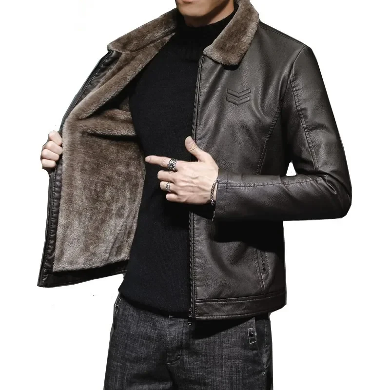 Warm Coat Brand Leather jackets Men\'s Luxury Clothing Vintage Brown Leather Jacket Men\'s Winter Faux Fur Collar Windproof