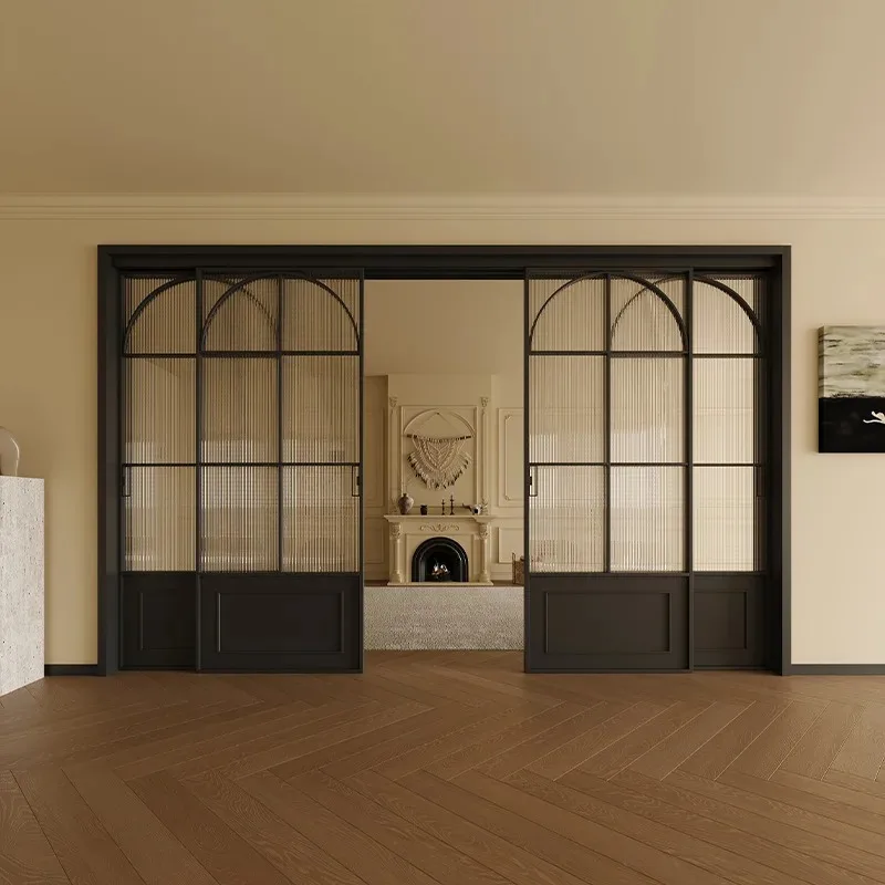 French retro sliding door, titanium-magnesium alloy three-linkage partition hanging rail glass moving door