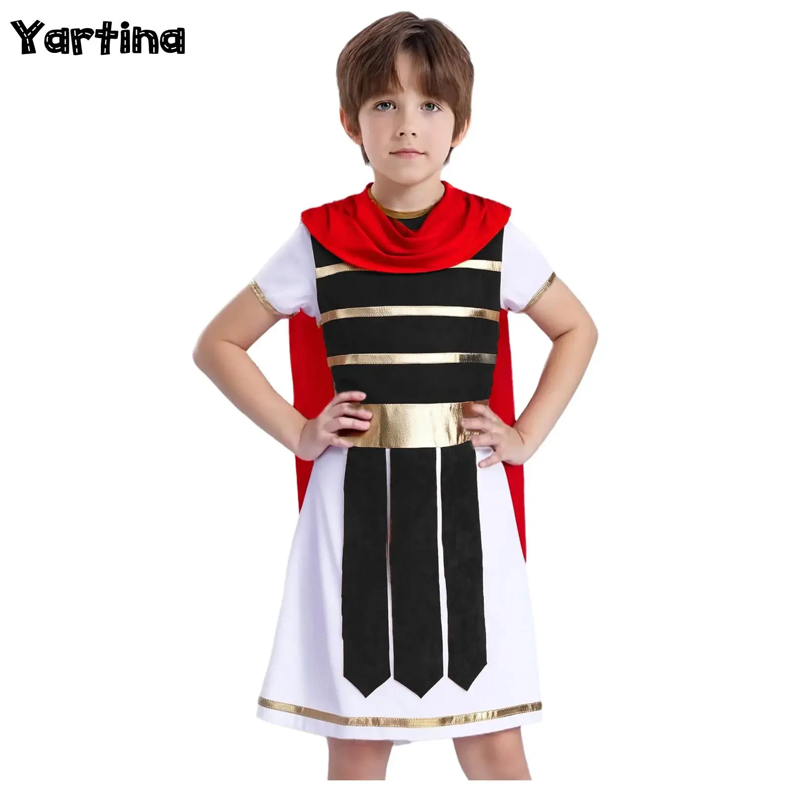 

Boys Ancient Roman Spartan Warrior Cosplay Costume Medieval Soldier Gladiator Costume Short Sleeve Attached Cape Gown Costume
