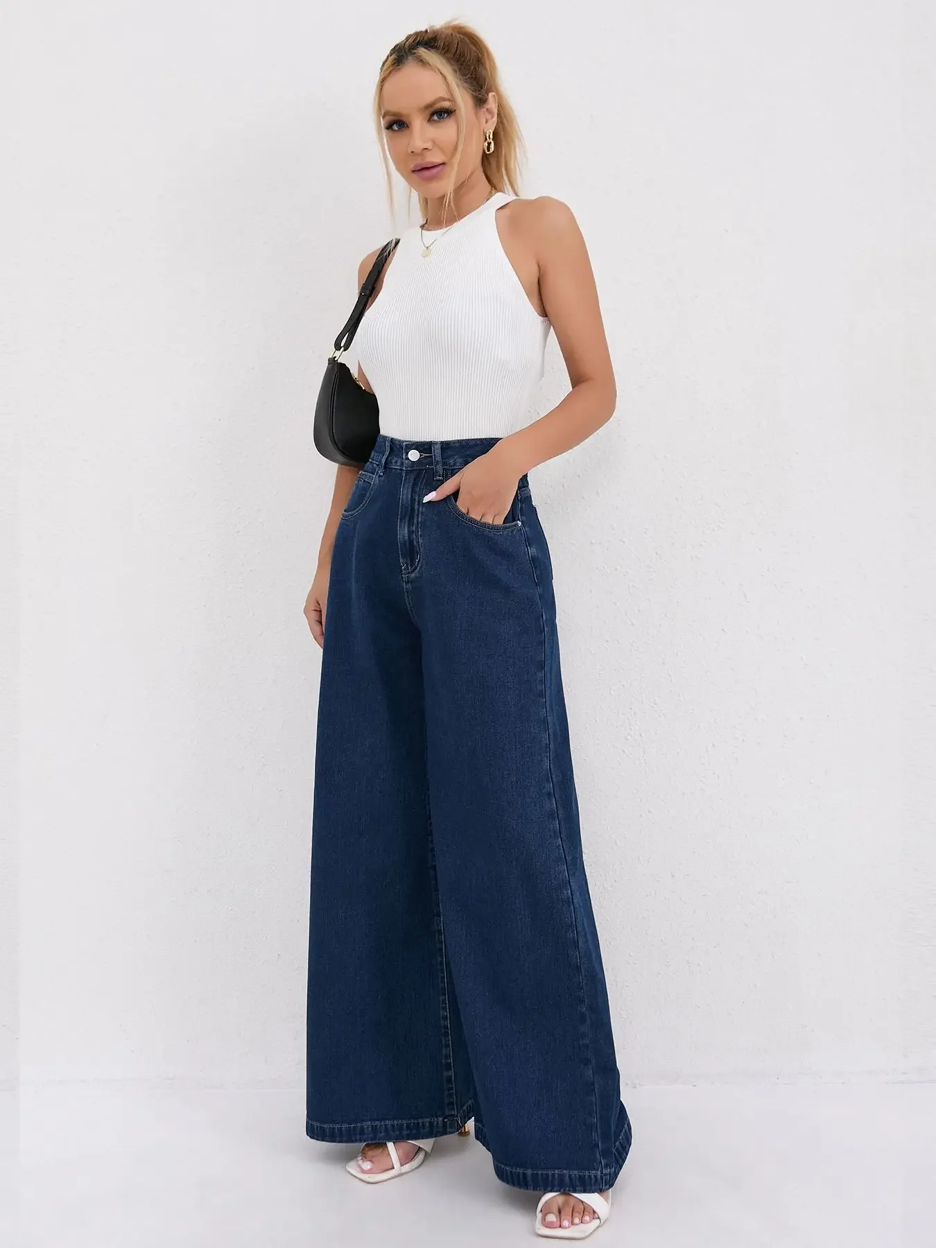 

Womens Jeans Baggy Jeans Wide Pants Flared Trousers Street Style Soft Material Elastic Waist 2025 New Design