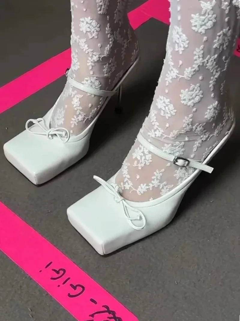 

2025 New Baotou Half Slippers Women's Summer Outwear Bow Ballet Shoes Thin Heels High Heels Lazy Muller Shoes Single Shoes