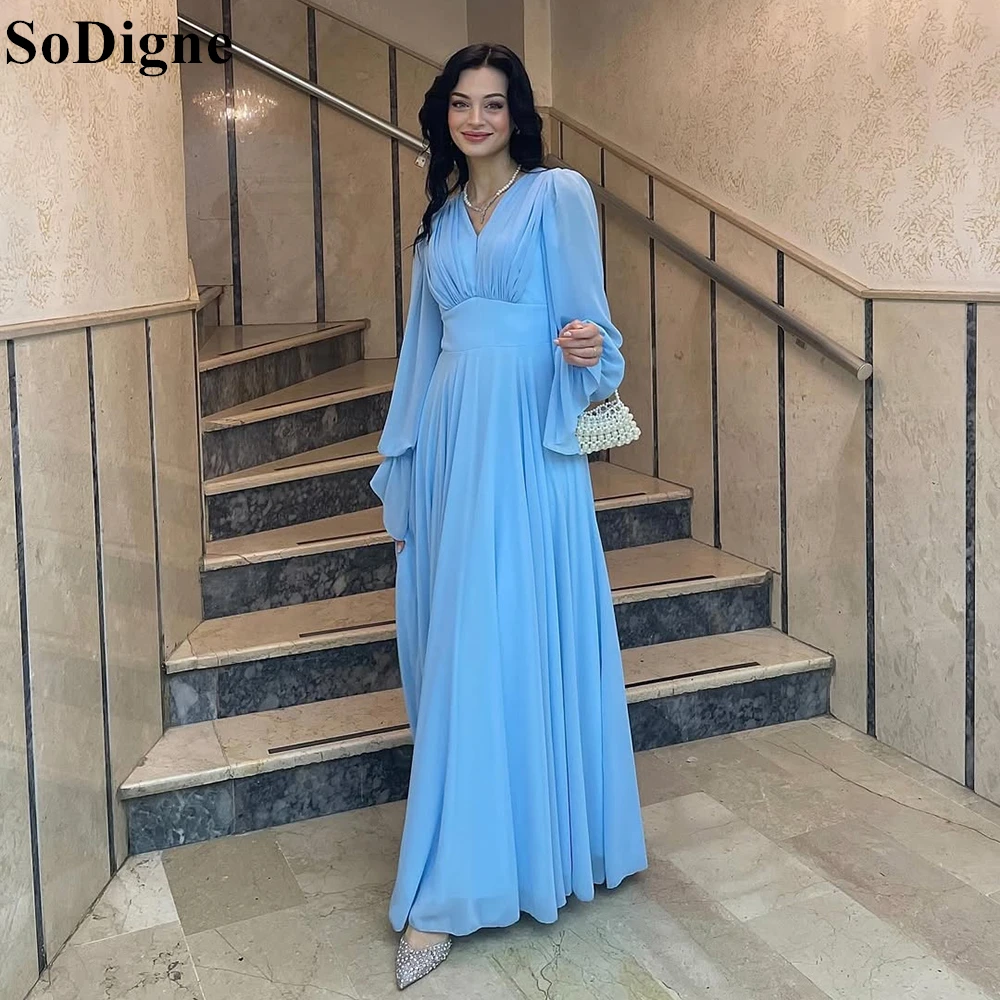 

SoDigne Simple Blue Chiffon Evening Dresses A-Line V-Neck Pleated Full Puff Sleeves Draped Party Dress 2025 Prom Gown Customized