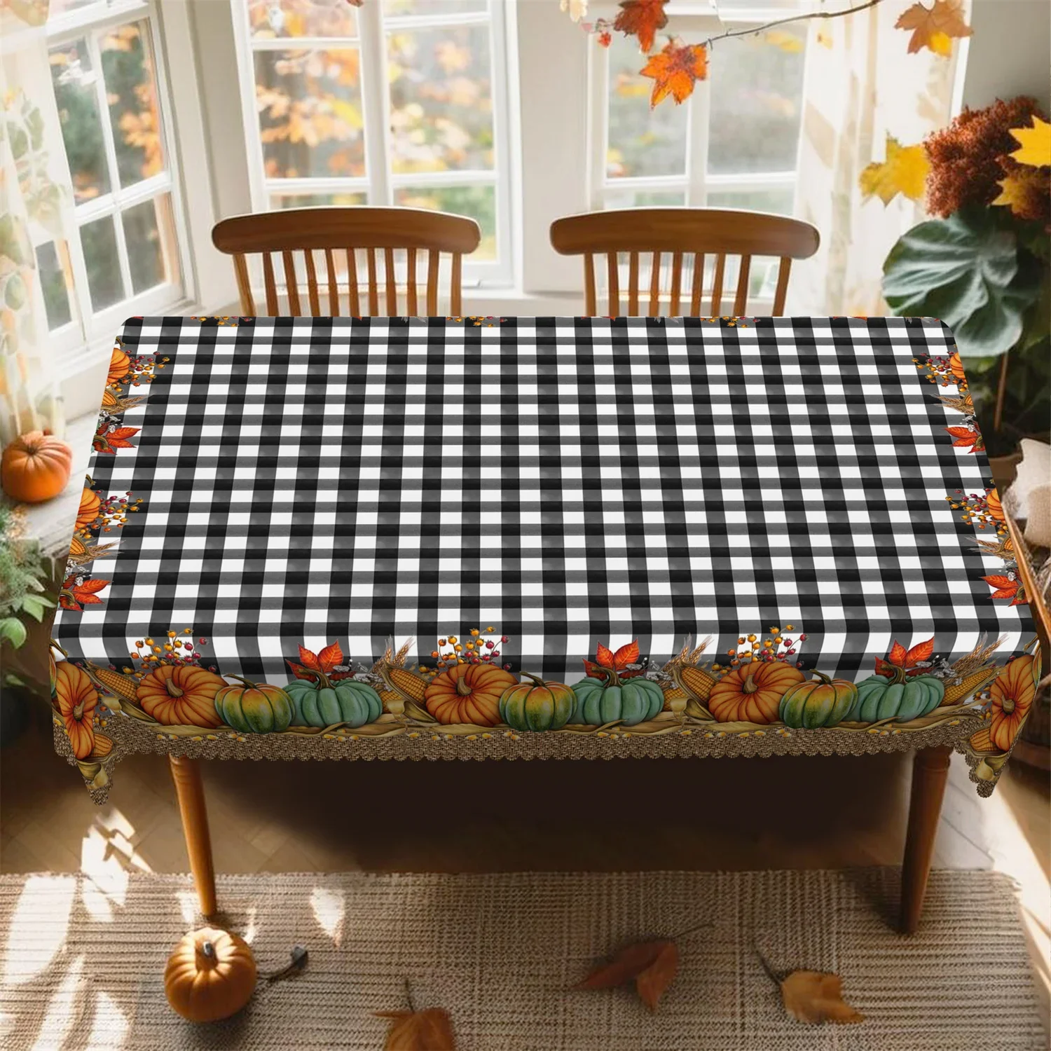 Water buffalo check pattern pumpkin corn and wheat grain tablecloth - Washable farmhouse autumn harvest decoration yzb