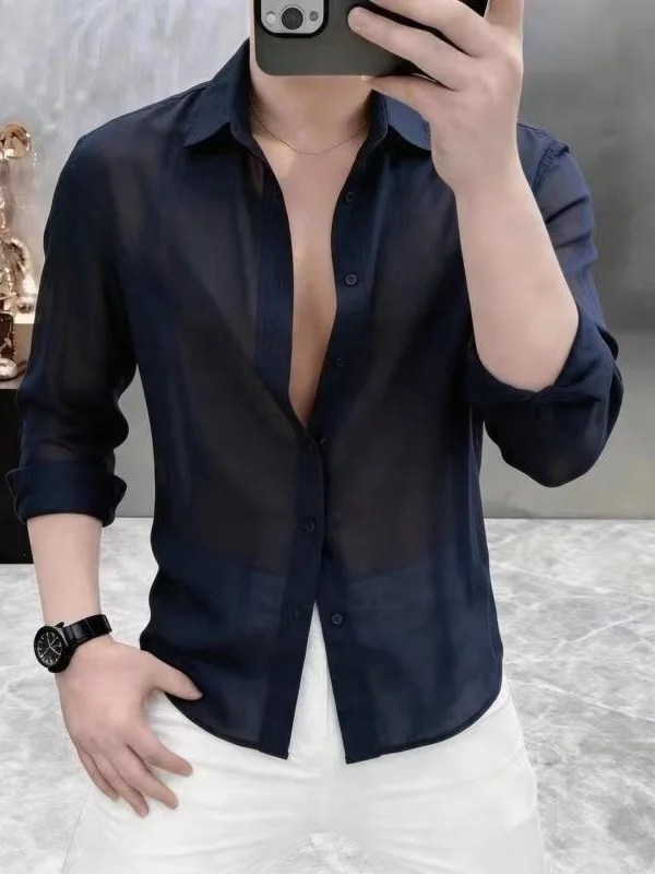 Ultra-Thin Summer Men's Pure Color Casual Shirt Breathable Luxury Lightweight Sun Protection Polyester Fiber Art Trend Shirt